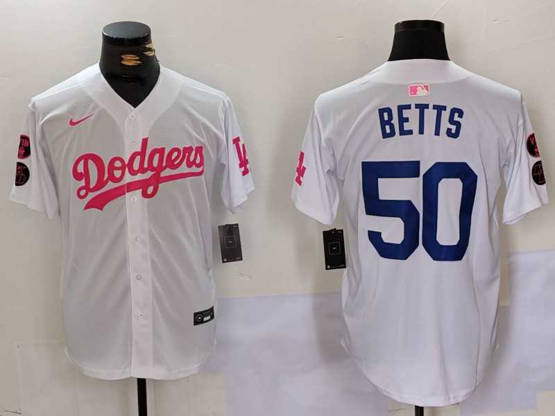Men%27s Los Angeles Dodgers #50 Mookie Betts White Pink Vin & Kobe Patch Stitched Baseball Jersey1->los angeles dodgers->MLB Jersey